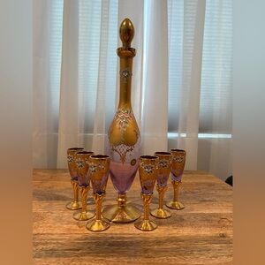Murano Glass Amethyst Floral Decanter Set Elpidio 6 glasses 24K gold paint